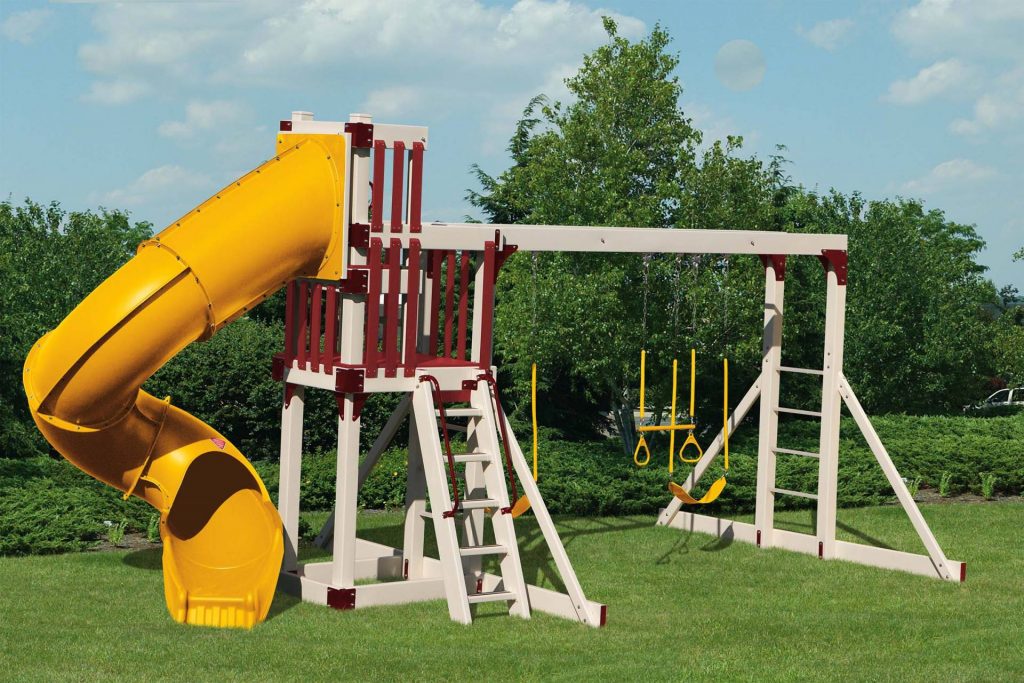 Custom playset with a yellow slide and tan and maroon beams