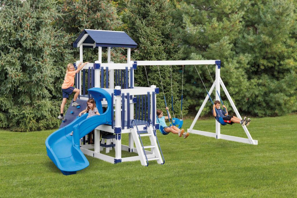blue and white kids swing set